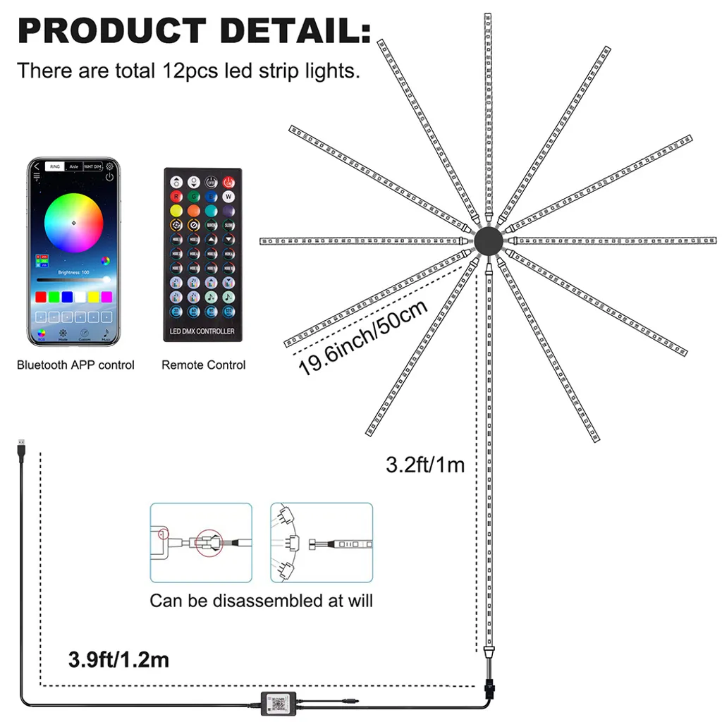 Ruban LED Feu d'Artifice 100cm Bluetooth avec Musique Sync et USB - 8