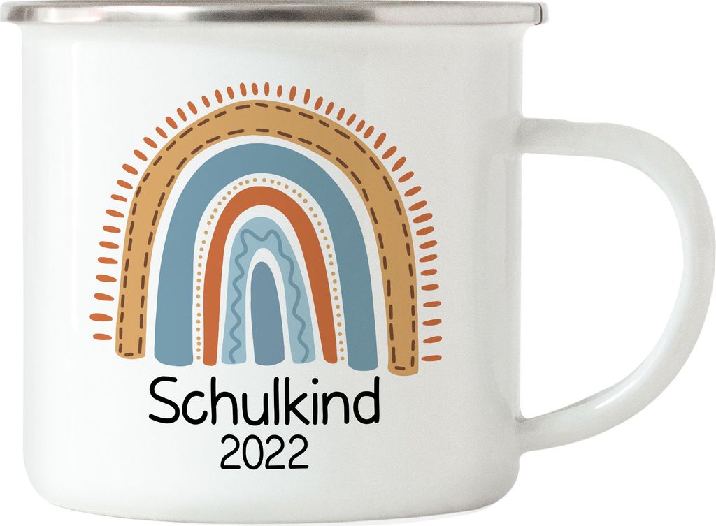 Schulkind 2022 Emaille Tasse Einschulungsgeschenk Grundschule 1. Klasse Schulstart Wasserfarben Regenbogen