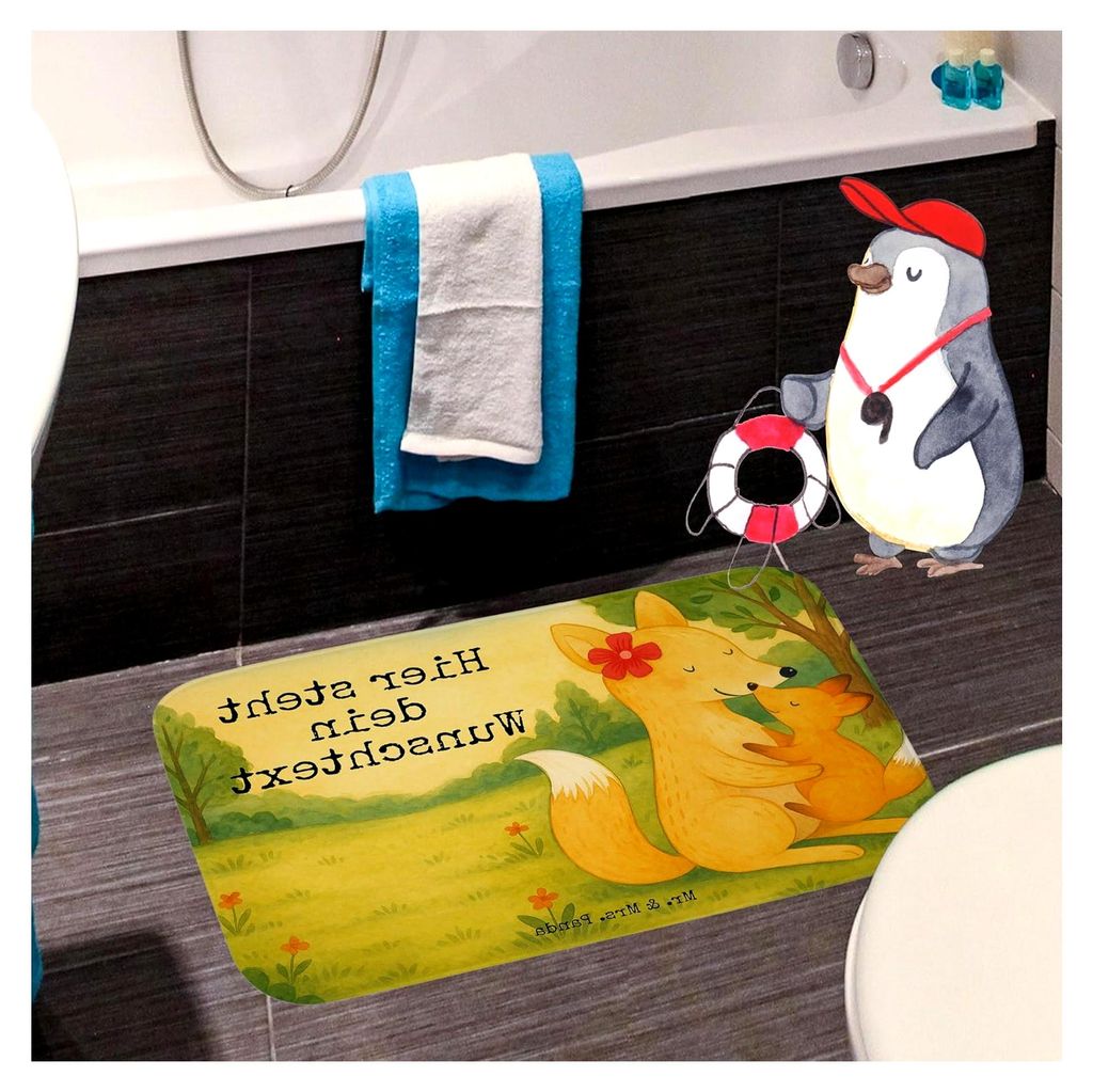 Personalisierte Badematte Fuchs Mama Design - Geschenk, individuell gestalten, Mutter, Badteppich mit Wunschtext