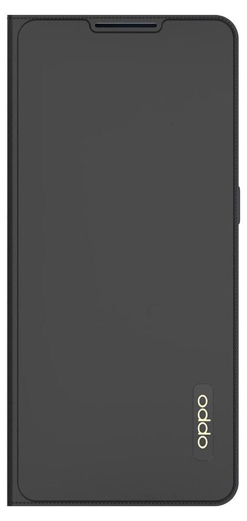 A black flip cover case for a smartphone, with the 'oppo' logo in gold on the bottom right.