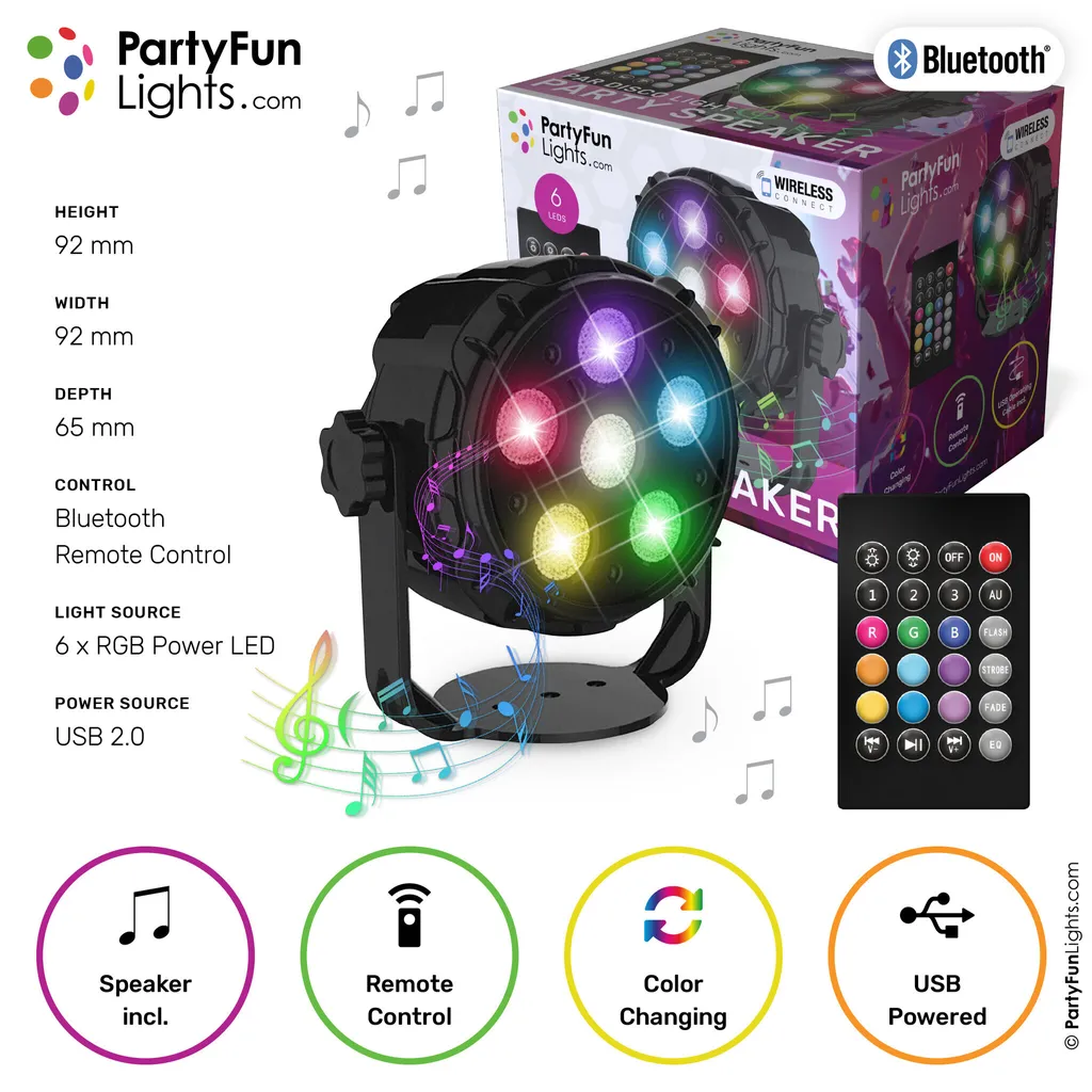 PartyFunLights 6 LED PAR Lumière Disco et Haut-parleur avec Télécommande - 4