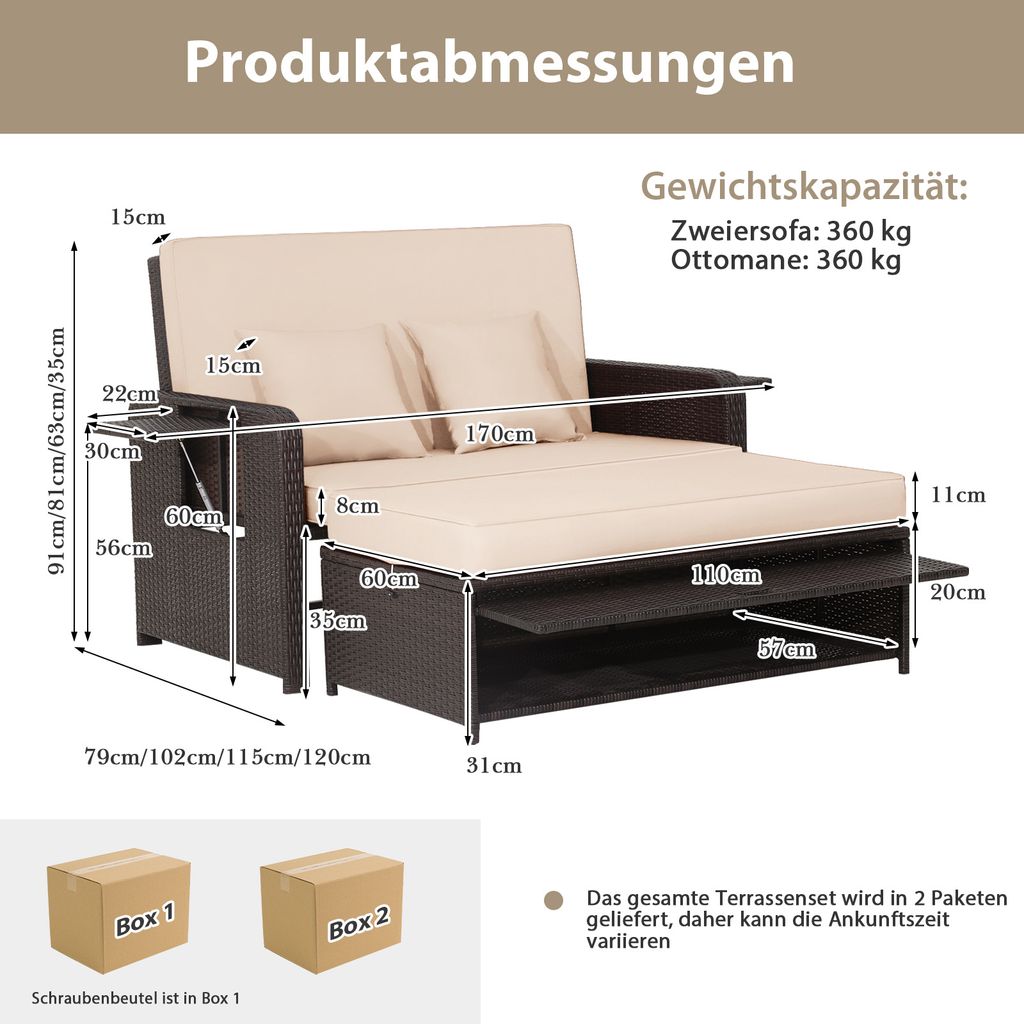 COSTWAY Rattan Sofa Set - 2 Sitzer Sessel mit Ottomane & 2 Produktbild 3