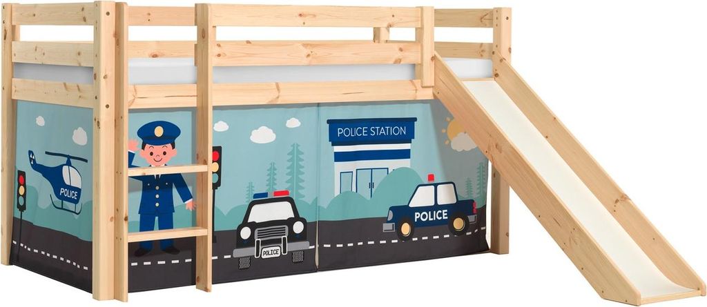 Halbhohes Bett Pino Polizei mit Rutsche und Textilset Kiefer Natur lackiert