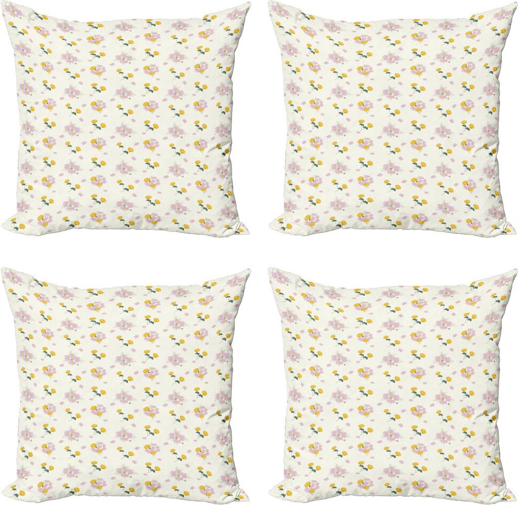 ABAKUHAUS Blumen Kissenbezug Set (4 Stück), Cosmee und Zinnia Blumen, Moderner Doppelseitiger Digitaldruck, 40 cm x 40 cm, Senf resedagrün
