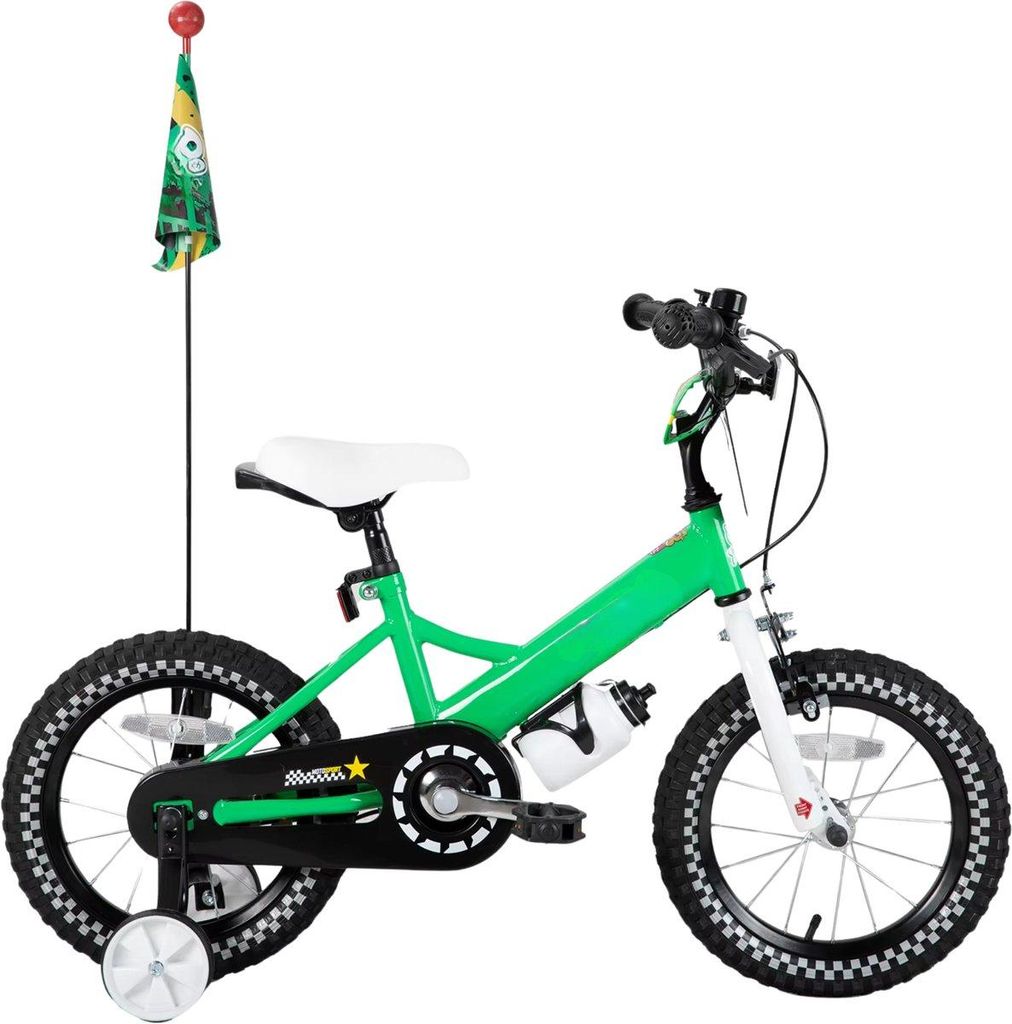 Kinderfahrrad 16 Zoll (41 cm) Unisex – Mit Stützrädern, Korb, Klingel & Puppensitz – Grün