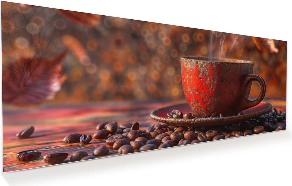 Glasbild 125x50cm in XXL für Wohnzimmer, Schlafzimmer Motiv Kaffeetasse im Herbst