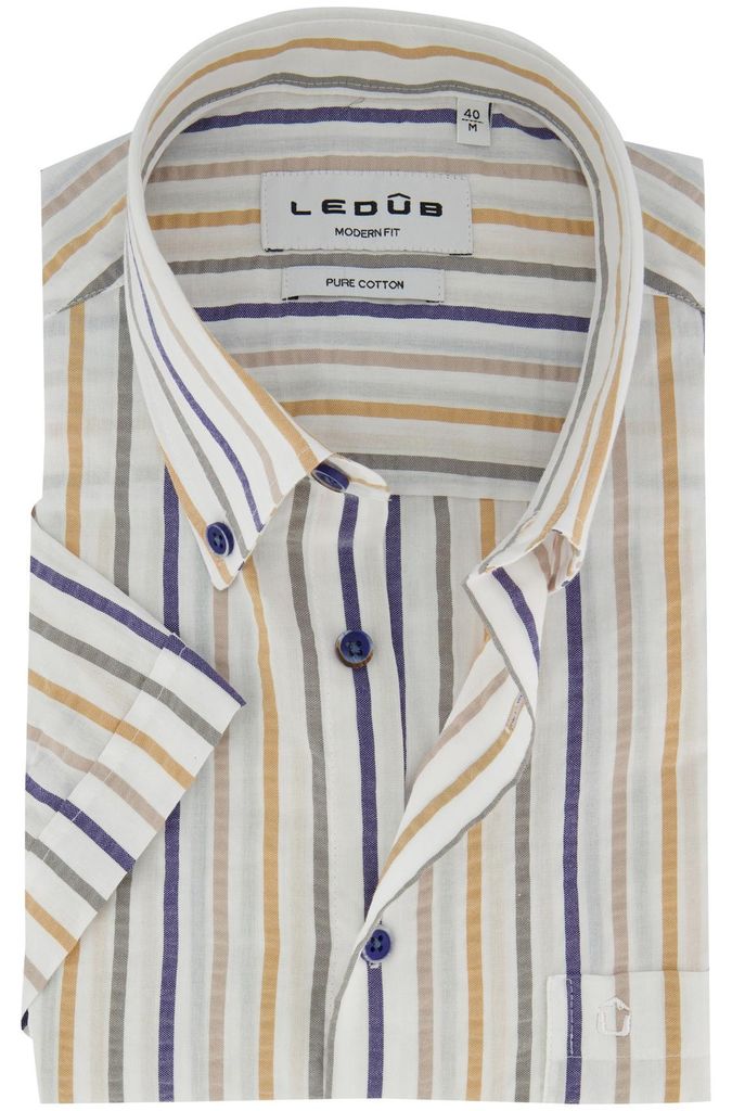 Hemd gestreift weiß Ledub modern fit kurze Ärmel reine Baumwolle