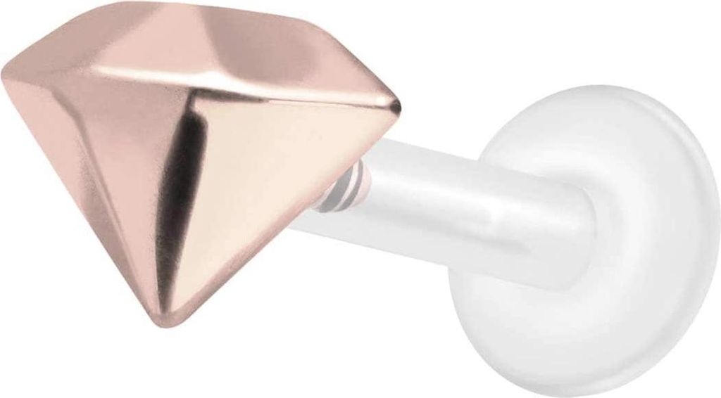 Ohrpiercing, Nasenpiercing PTFE Labret mit Innengewinde + Titan-Aufsatz DIAMANT RoséGold Stablänge: 10mm | Stabstärke: 1,6mm