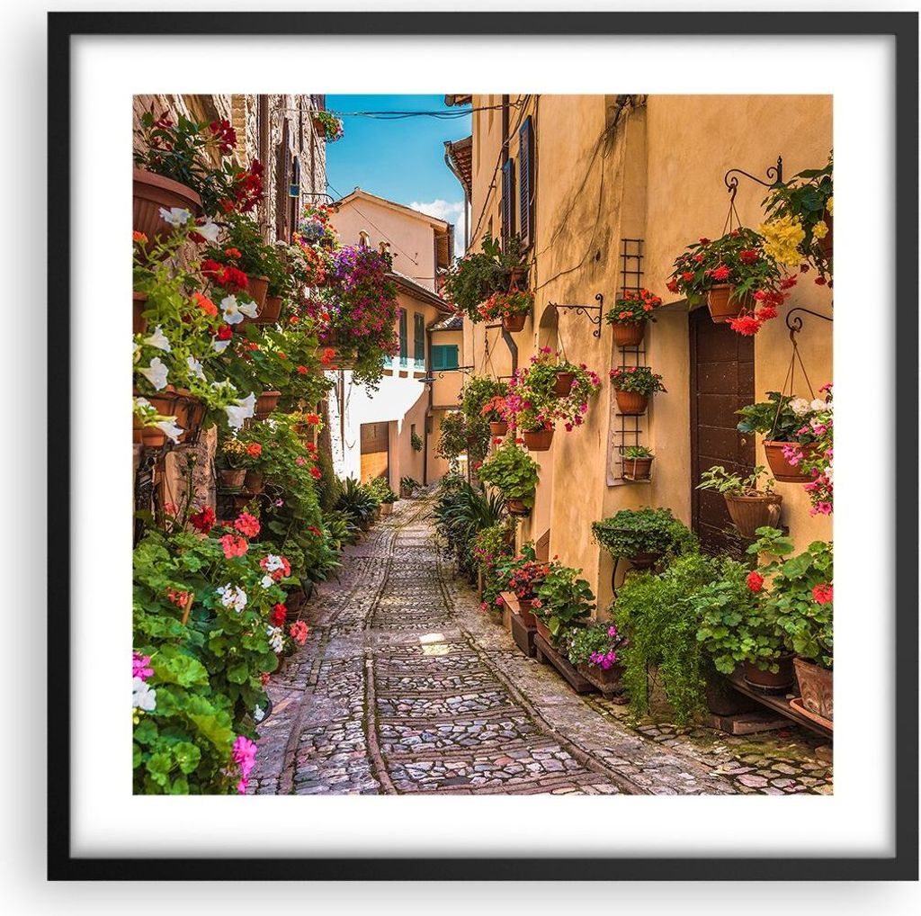 Gerahmtes Poster - Schwarzer Rahmen - Path Blumen Haus Hof - 50x50 cm - Wand Bild - Wanddeko - Wandbilder - Kunstposter - Wandposter - Bilderrahmen...