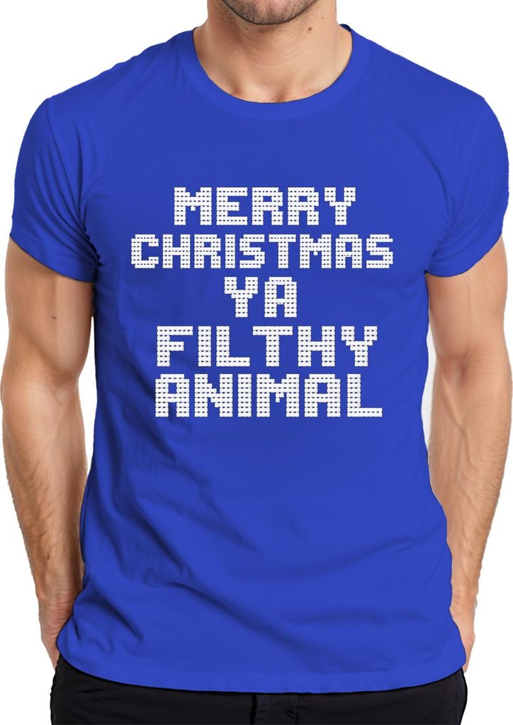 Merry Christmas Ya Filthy Animal Weihnachten Filmzitat Kultspruch Herren T-Shirt, Blau, 3XL