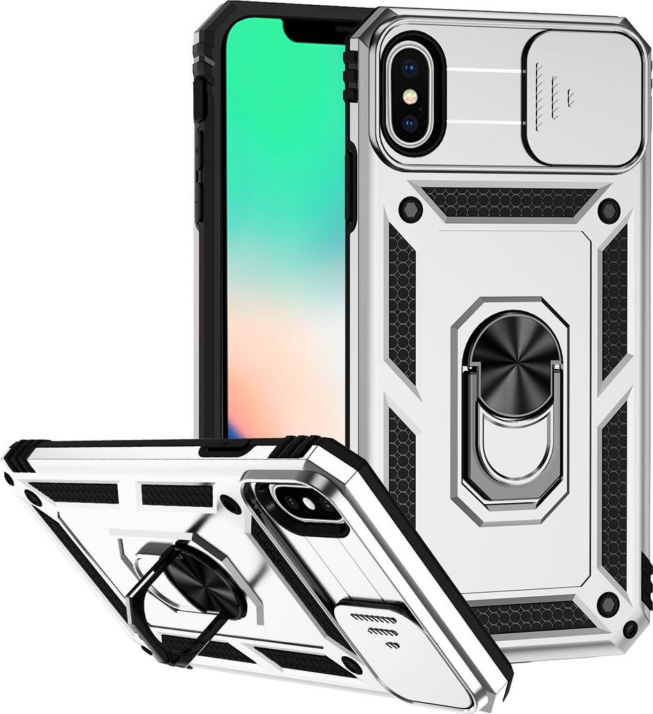 iPhone XS / X Hülle mit Schiebe Kamera Schutz und Ringhalter Ständer Robust Rüstung Schutzhülle für iPhone XS / iPhone X Silber