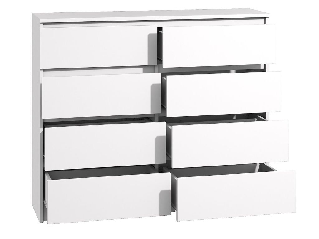 A white, modern dresser with eight drawers, some of which are partially open.