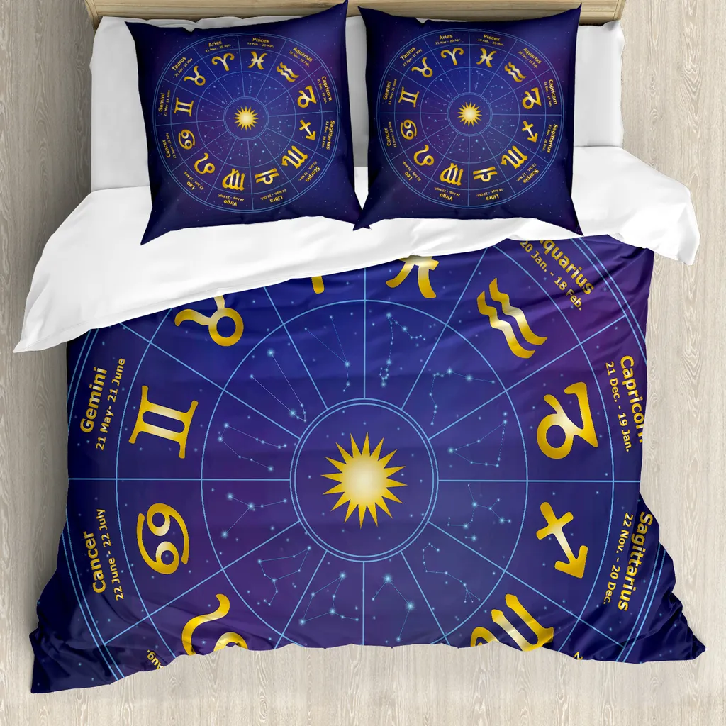 ABAKUHAUS Copripiumino Astrologia, Data di nascita Oroscopo, Antiacaro Adatto a chi soffre di allergie con federe, 200 cm x 200 cm - 80 x 80 cm, blu reale e giallo