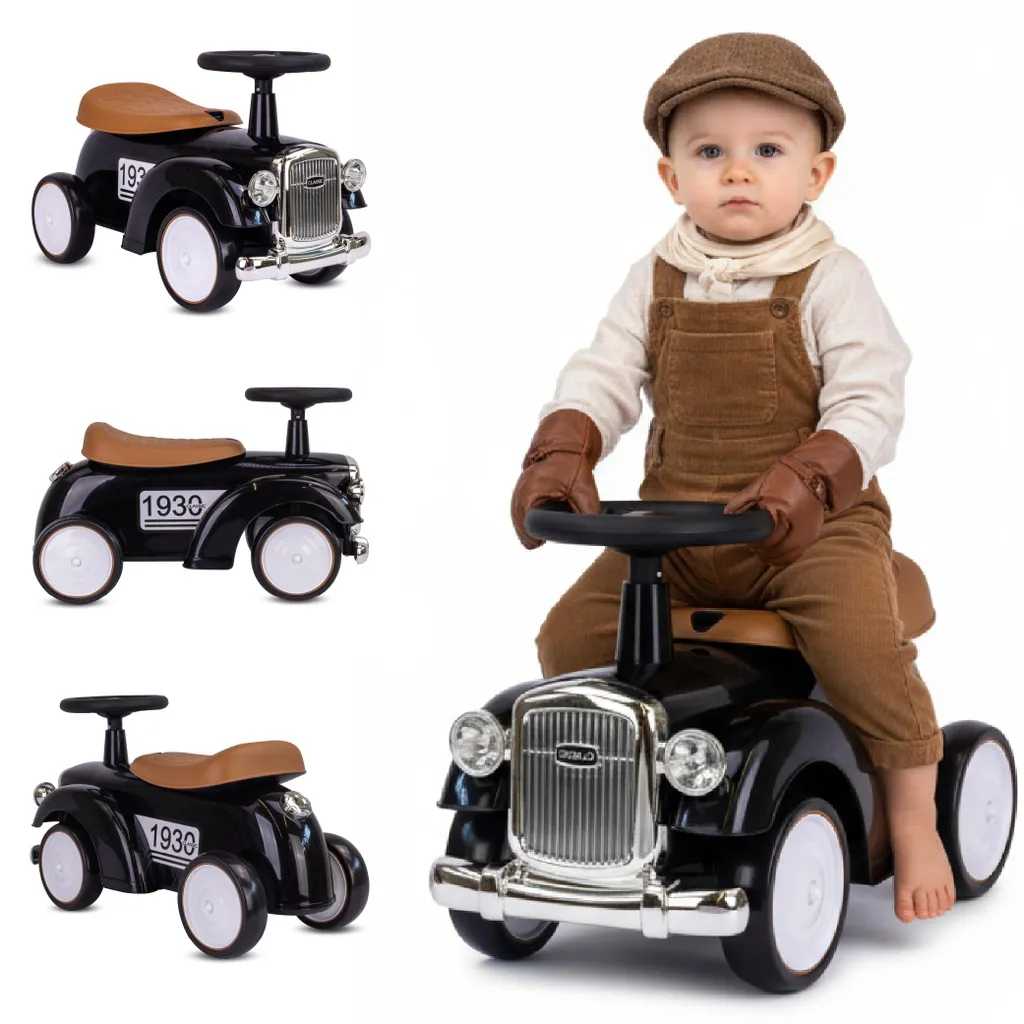 Voiture trotteur enfant rétro noir avec volant directionnel et métal