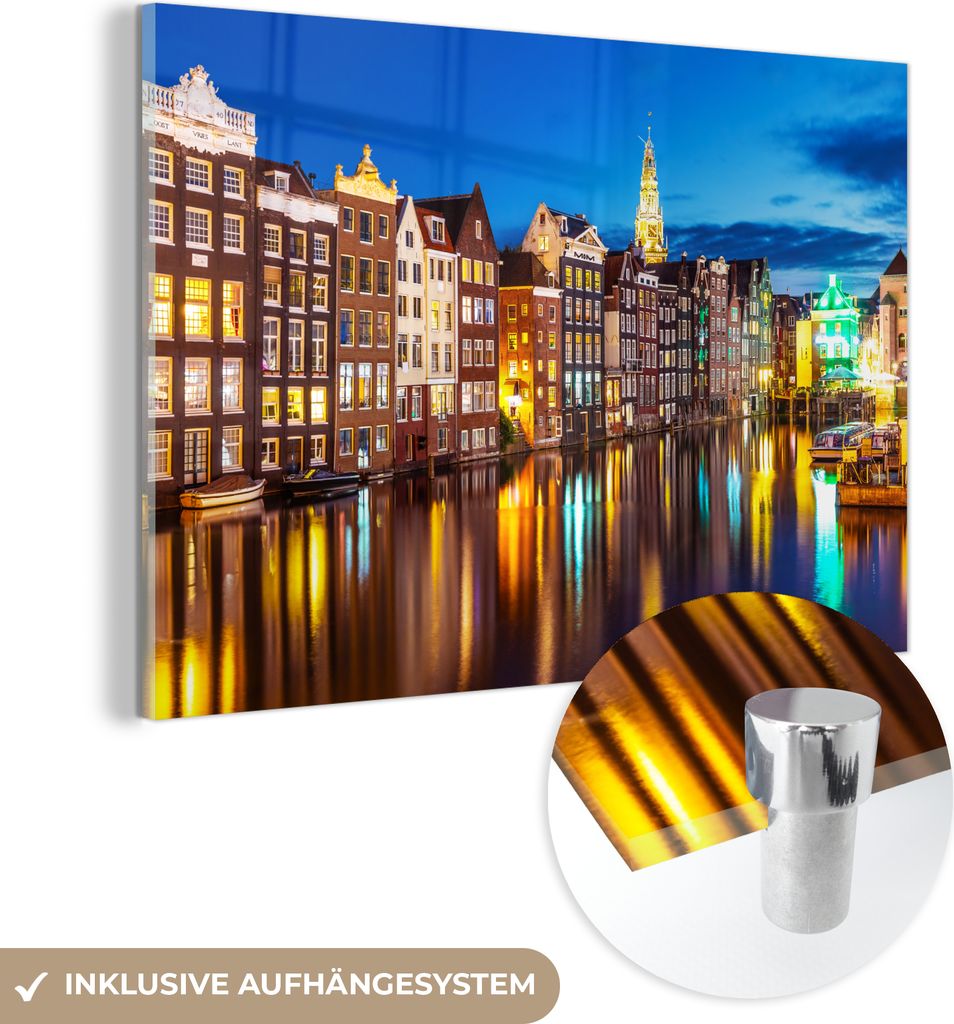 MuchoWow Glasbilder - Bilder auf Wandbild - Foto auf Glas Licht - Reflexion - Amsterdam 120x80 cm Wanddekoration aus Glas - Acrylglasbild - Acrylbi...