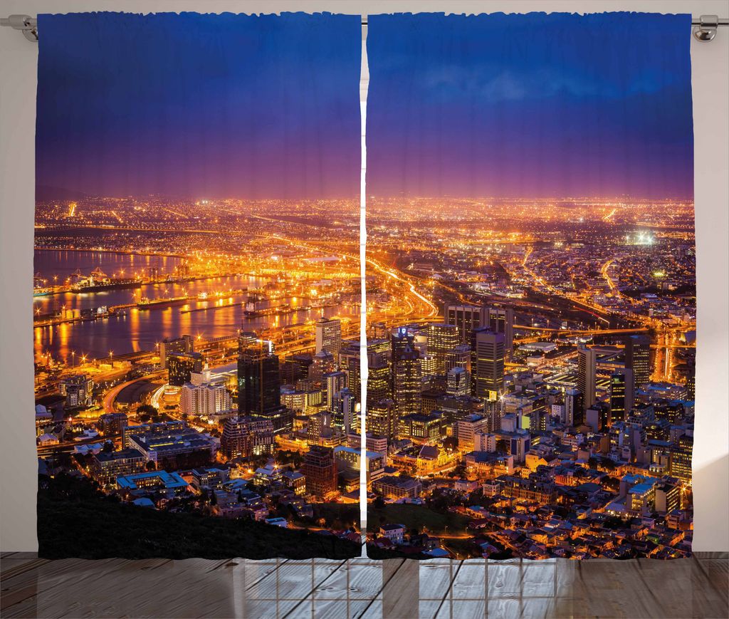 ABAKUHAUS Stadt Rustikaler Gardine, Kapstadt-Panorama Afrika, Schlafzimmer Kräuselband Vorhang mit Schlaufen und Haken, 280 x 225 cm, Ringelblume ...