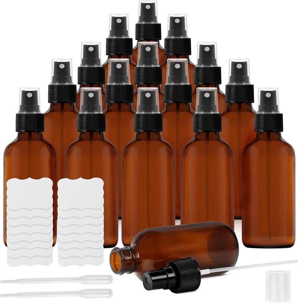 Belle Vous 16er Pack Kleine Sprühflasche aus Braunglas 120ml Sprühflasche Glas - Nachfüllbare Braunglas Sprühflaschen zum Befüllen mit Etikett...
