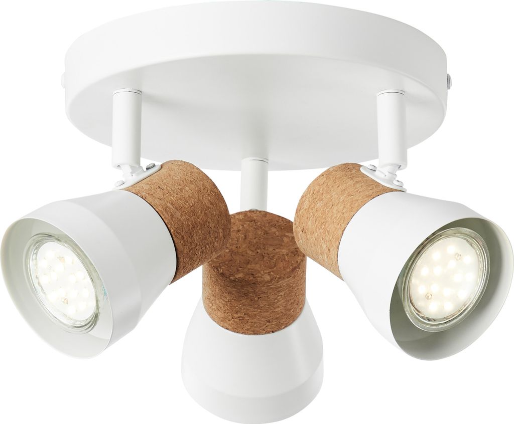A white ceiling light fixture with three adjustable spotlights, each featuring a cork accent.