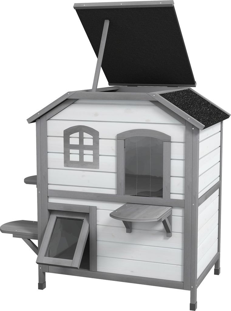 Katzenhaus Katzenhütte Katzenhöhle, 2 Stockwerke, wetterbeständig, 78,1 cm x 55,2 cm x 90,8 cm, Weiß + Grau