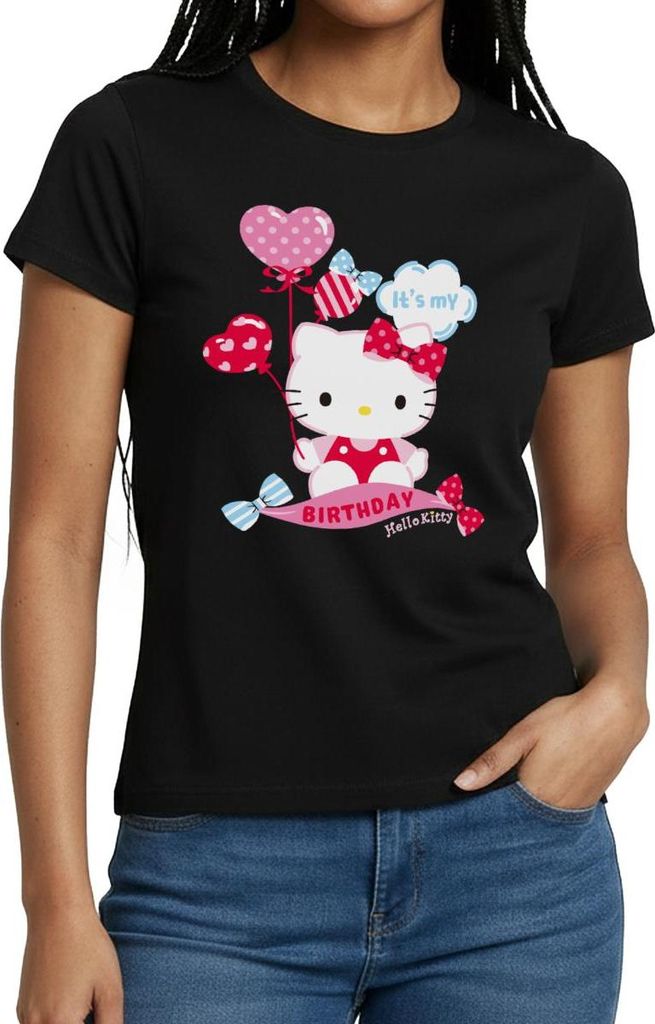 Spreadshirt Hello Kitty Mit Ballons Mein Geburtstag Frauen T-Shirt, XXL, Schwarz