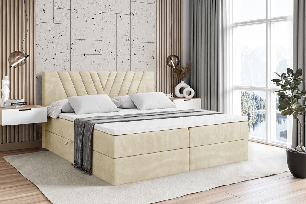 ALTDECOR Boxspringbett mit H3 Matratze und Topper - 180 x 200 cm - ERNINA - Beige Samt - Polsterbett mit Bettkasten und Lattenrost, Bett mit Stauraum