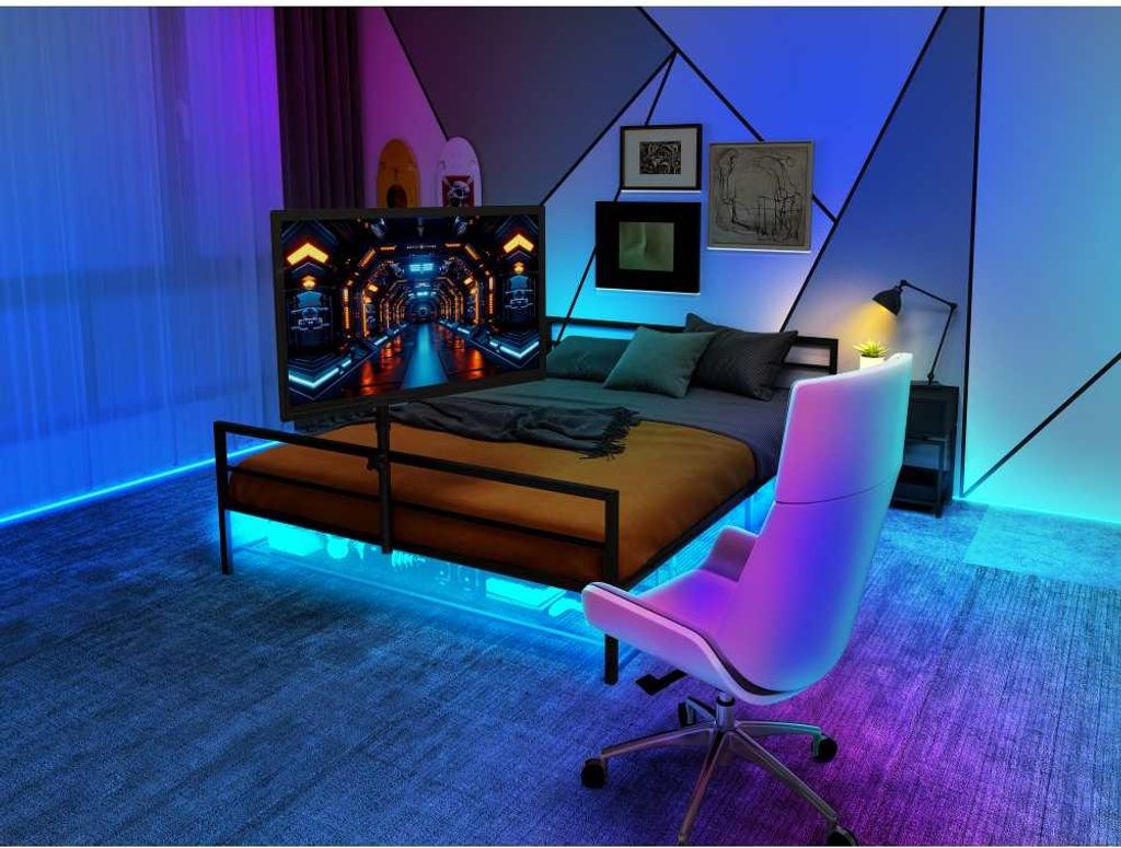 Gaming-Bett in Schwarz mit LED-Licht, justierbarer Halterung & Stauraumkörben - Metallrahmen für komfortables Gaming-Erlebnis