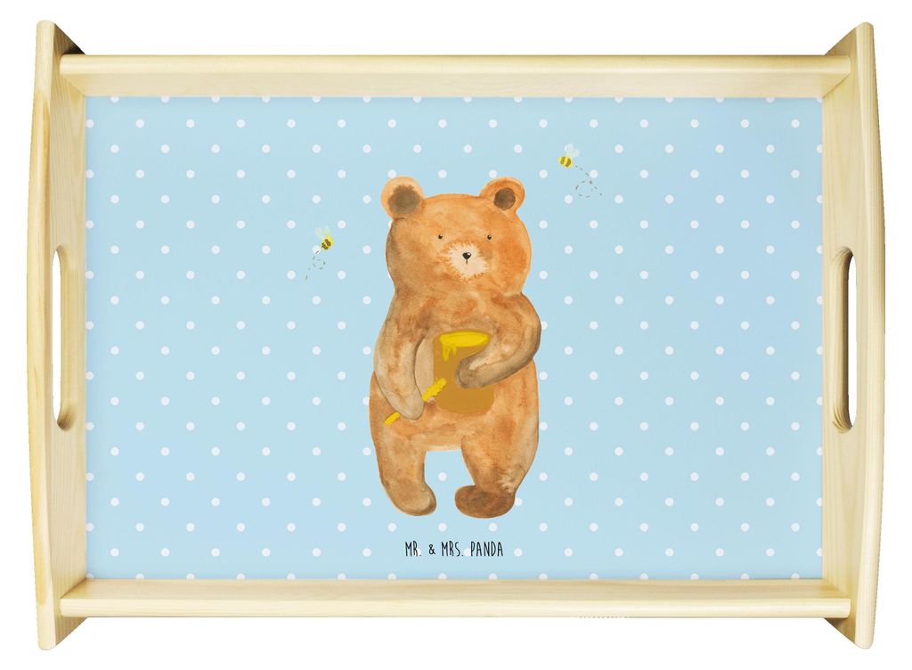 Mr. & Mrs. Panda Tablett Bär Honig - Blau Pastell - Geschenk, Teddy, serviertablett holz, Partner, Holztablett, Deko, Liebe, Servier, Freund, couc...
