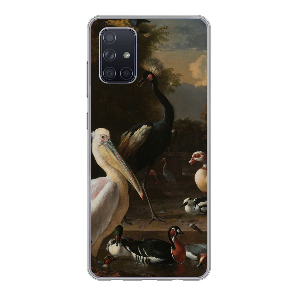 MuchoWow Handyhülle Schutzhülle Hülle für Samsung Galaxy A51 5G Ein Pelikan und andere Vögel in der Nähe eines Wasserbeckens - Gemälde von...