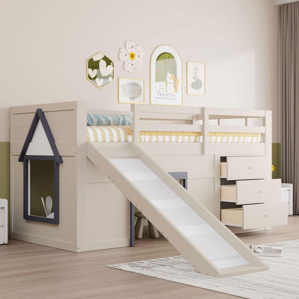 Hochbett mit Lattenrost, Leiter, Rutsche, Rausfallschutz, 90x200cm, Spielbett, Kinderbett, Kiefer