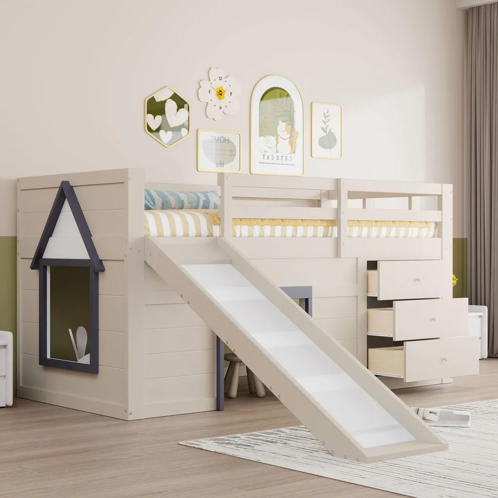 Lit mezzanine enfant 90x200 cm avec toboggan et placard intégré