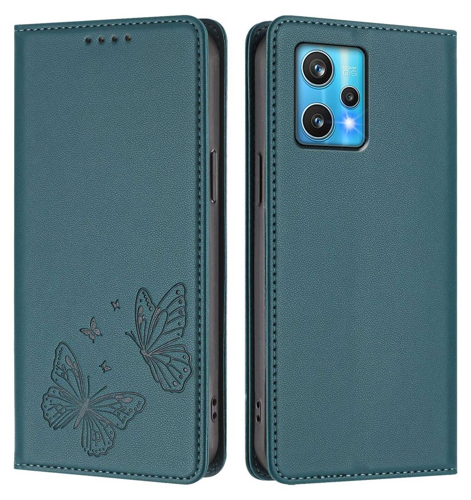 Lederhülle für Realme 9 4G/Realme 9 Pro+ 5G, Schmetterling Prägung Leder Brieftasche Schutzhülle mit Ständer Grün