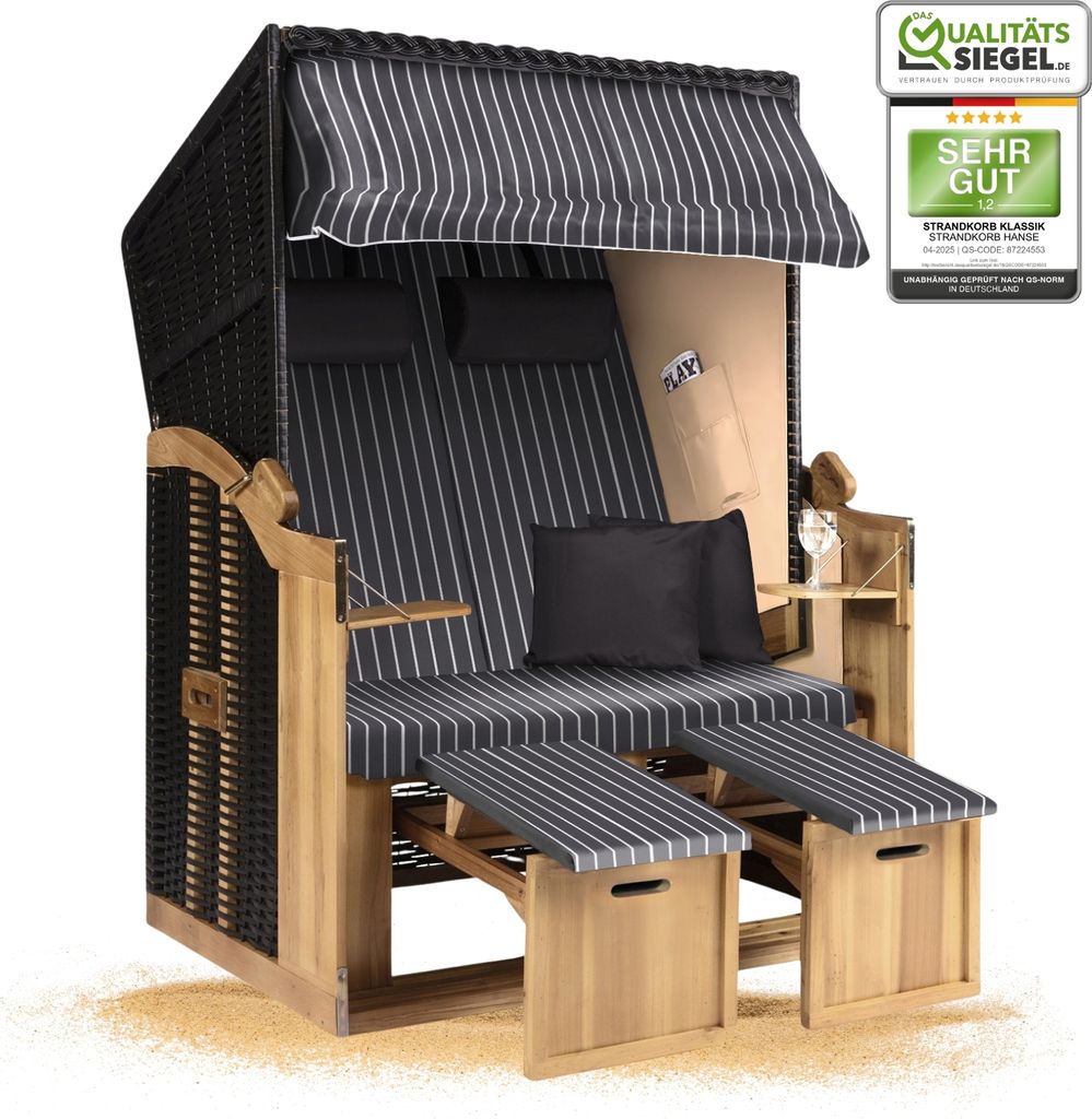 Strandkorb Ostsee 2-Sitzer 120cm breit in beige grau weiß nadelstreifen zerlegt, ideal für Balkon, Terrasse oder Garten