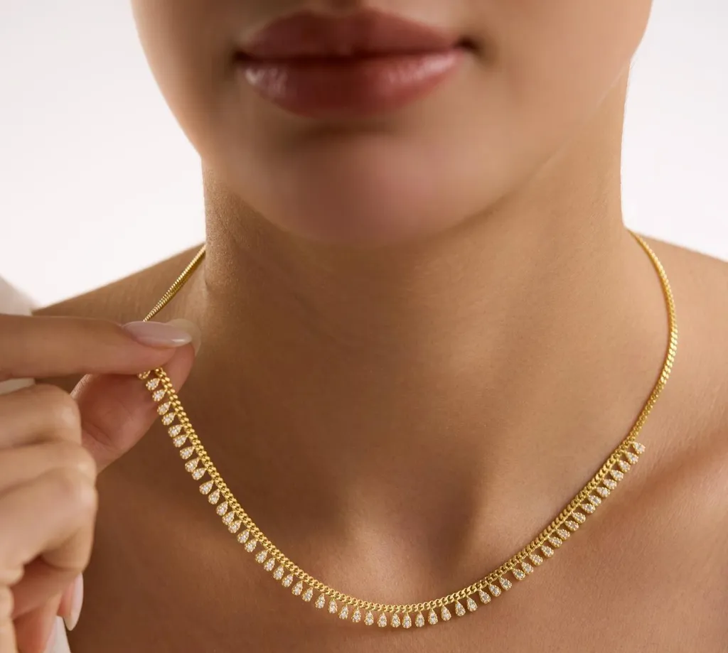 Collier Femme en Argent 925 Doré à l'Or Fin avec Pendentif Goutte Zircon