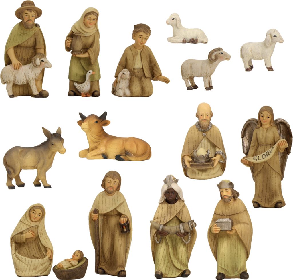 15x FADEDA Krippenfiguren modern, gebeizt / Höhe:10 cm / handbemalt / detailgetreue Krippen Figuren - Weihnachten Tisch Dekoration Krippe Zubehör