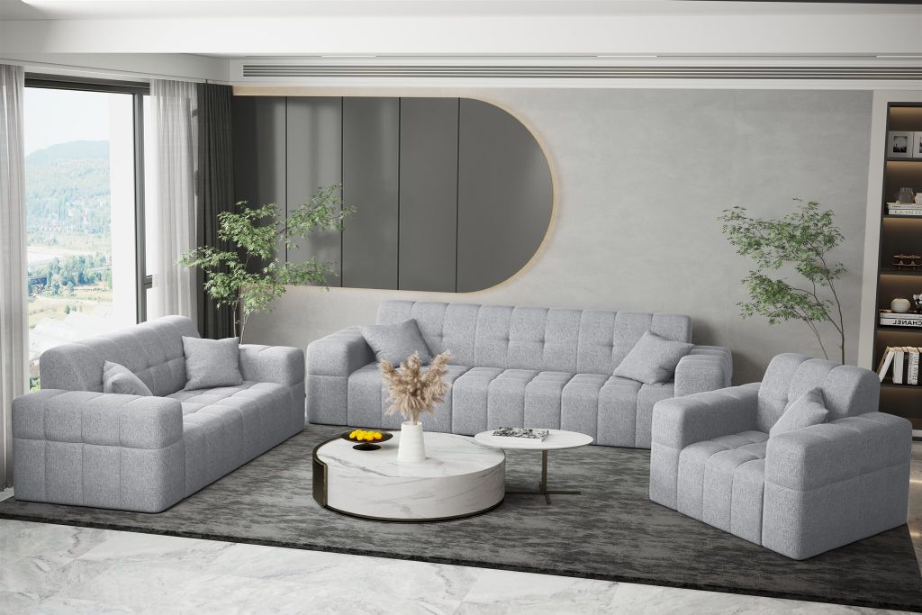 Sofaset Designersofa NANCY 3-2-1 in Stoff Neve Hellgrau Produktbild 