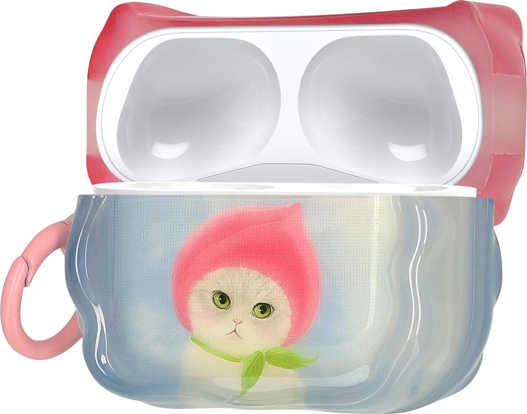 kwmobile In-Ear Kopfhörer Case für Apple Airpods Pro 2 / Pro 1 Hülle mit Karabiner - Headphones Case - Earphones Cover Etui - Katze mit Pfirsichhut