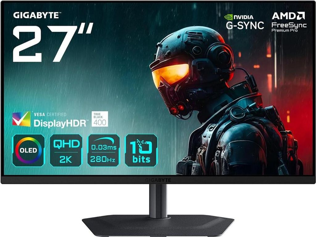 A marketing image for a GIGABYTE gaming monitor, featuring a futuristic warrior character and key specifications.