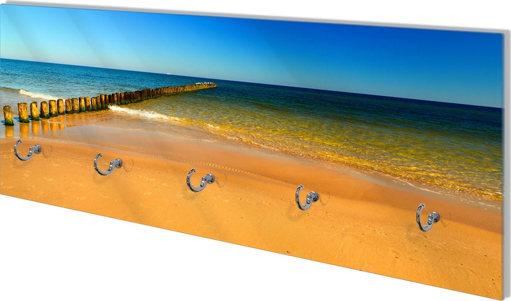 Wallario Flurgarderobe Wandgarderobe aus Glas, mit 5 Haken, Größe 80 x 30 cm, Motiv Sandstrand in orange - Blaues Meer - Blauer Himmel