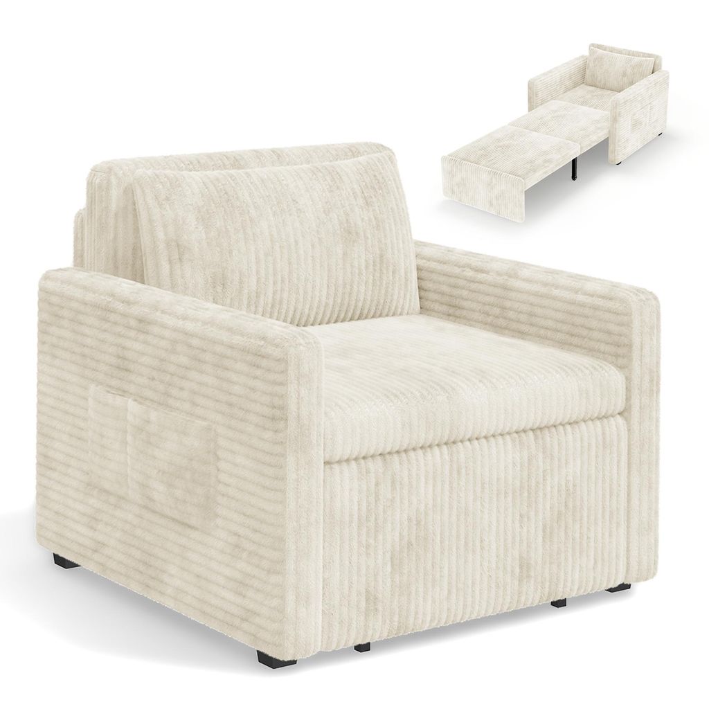 BEALIFE Sofa-Bett, 3-in-1 konvertierbares Stuhl-Bett, Cord-Bezug & Kissen, Für Wohnzimmer & Gästezimmer Creme AR14