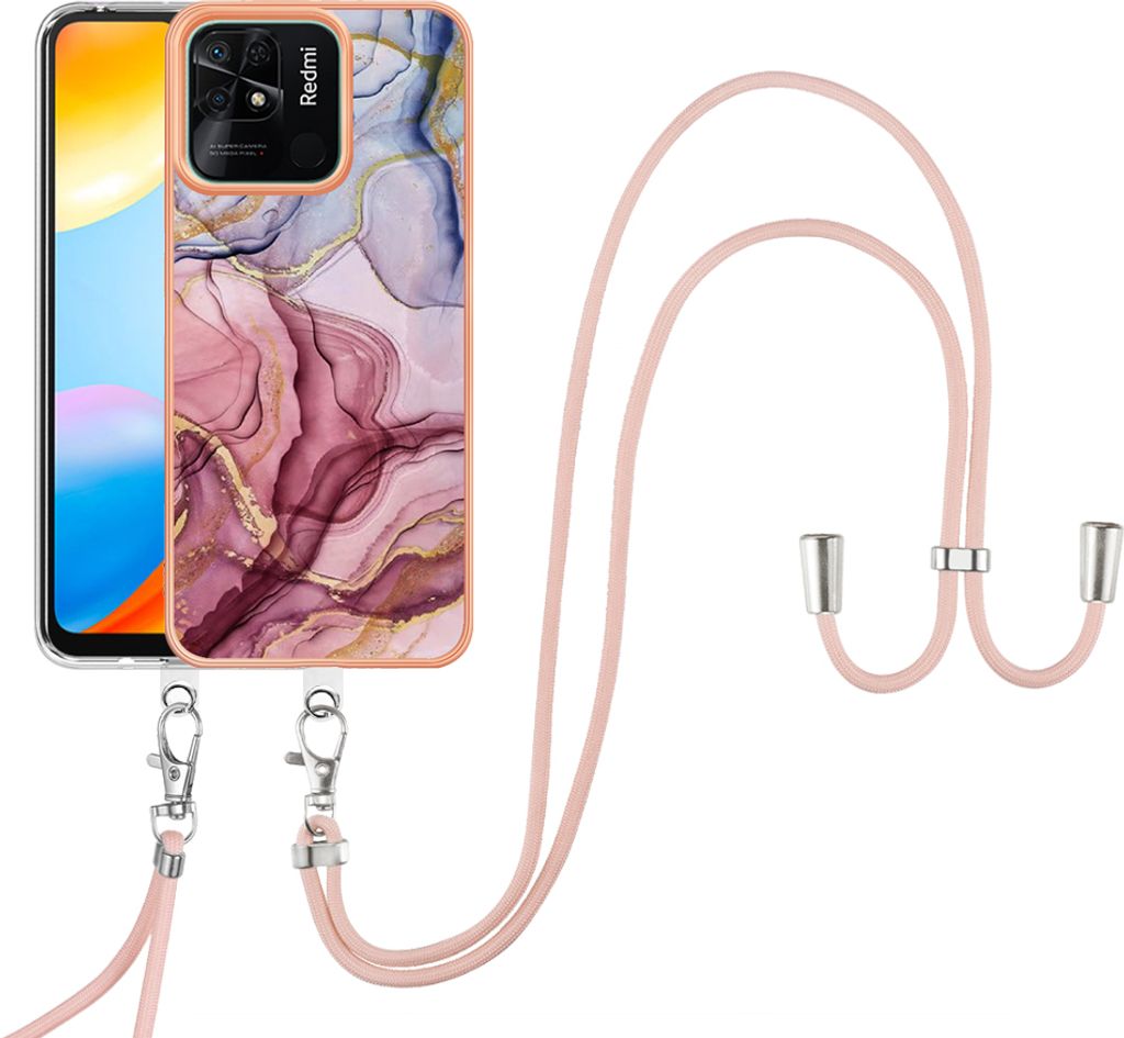 Redmi 10C Handykette Hülle, Muster TPU Bumper Schutzhülle mit verstellbarem Tragegurt für Xiaomi Redmi 10C Rosa