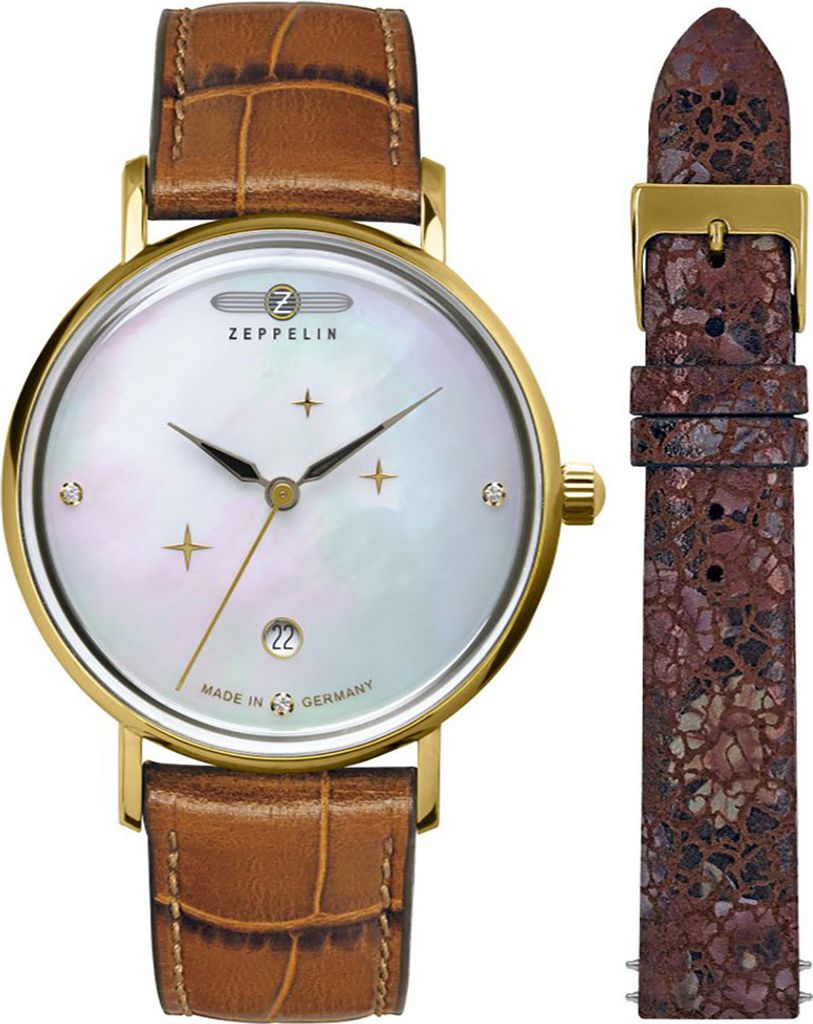 Zeppelin Luna Damen Armbanduhr 7131-5, 36mm, Quarz, Gold, Perlmutt Zifferblatt, inkl. Zusatzarmband