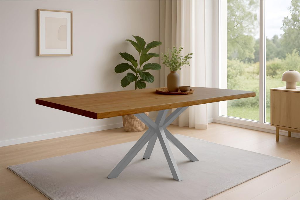 Esstisch Harley | 200 x 100 cm | Akazienholz massiv | Farbe: Honig | echte Baumkante | Spider-Gestell Metall Silber | pflegeleichter Baumkantentisc...