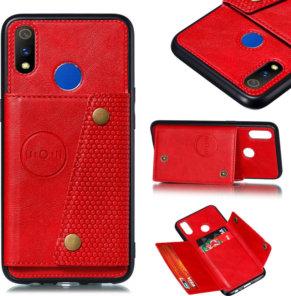 Für OPPO Realme 3 Kunstleder Flip Stand Shockproof Handyhülle doppelte Schnalle Anti-Staub-Gehäuse mit Card Slots Tasche rot