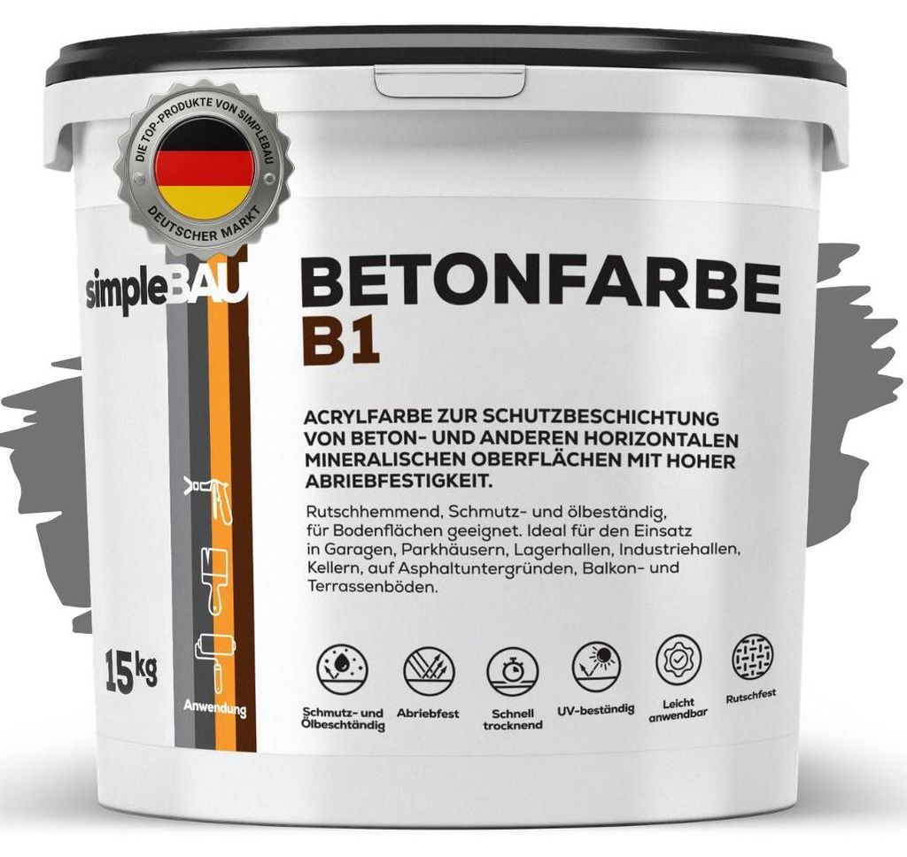 simpleBAU Betonfarbe B1 Anthrazit 15 Kg, Garagenbodenbeschichtung, Betonfarbe Außen Frostsicher