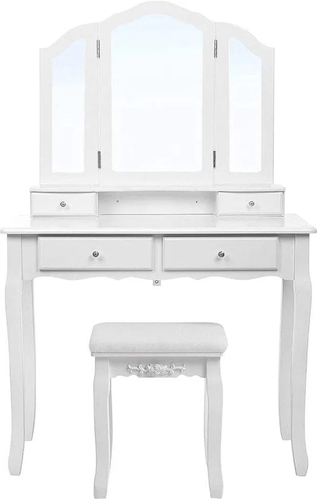 Coiffeuse design à 4 tiroirs et miroirs triptyque avec tabouret rembourré