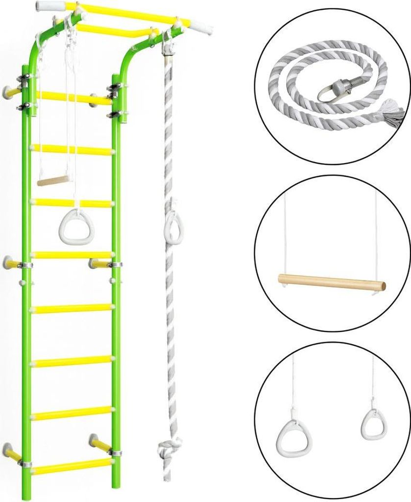 Sprossenwand für Kinder Indoor Klettergerüst aus Metall mit Gymnastikschaukel und Gymnastikräder – Comet Next 1, hellgrün