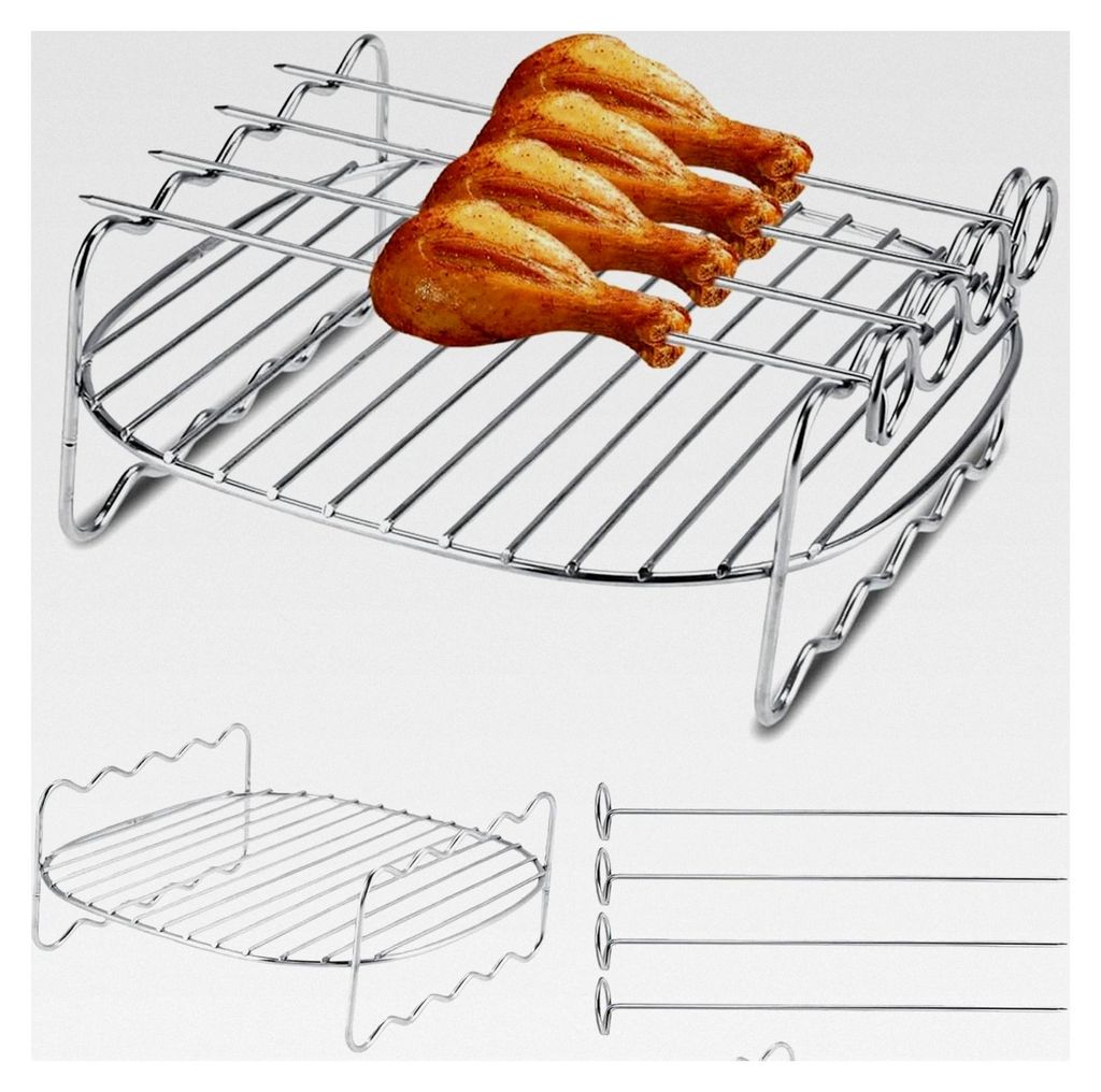 Schaschlikspieße und Gestell, runde Halterung mit 4 Edelstahl Grillspießen für Klappgrill, BBQ Grill, Tischgrill, Holzkohle- und Gasgrill