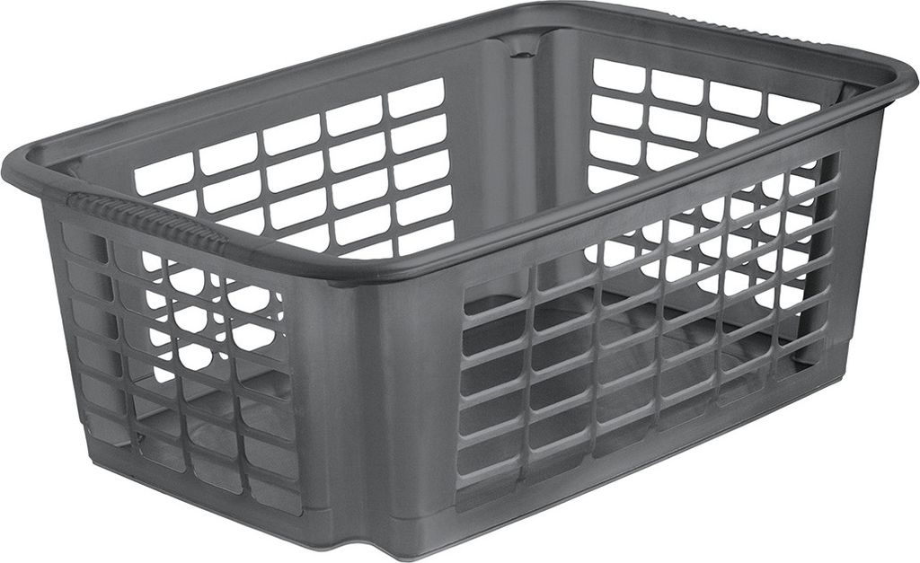 A gray plastic storage basket with a grid pattern on its sides and bottom.