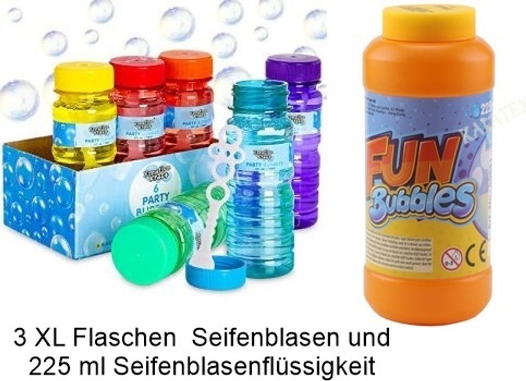 GKA 4 teiliges Set XL Seifenblasen Flaschen + 225 ml Seifenblasenflüssigkeit Bubbles Kindergeburtstag Mitgebsel