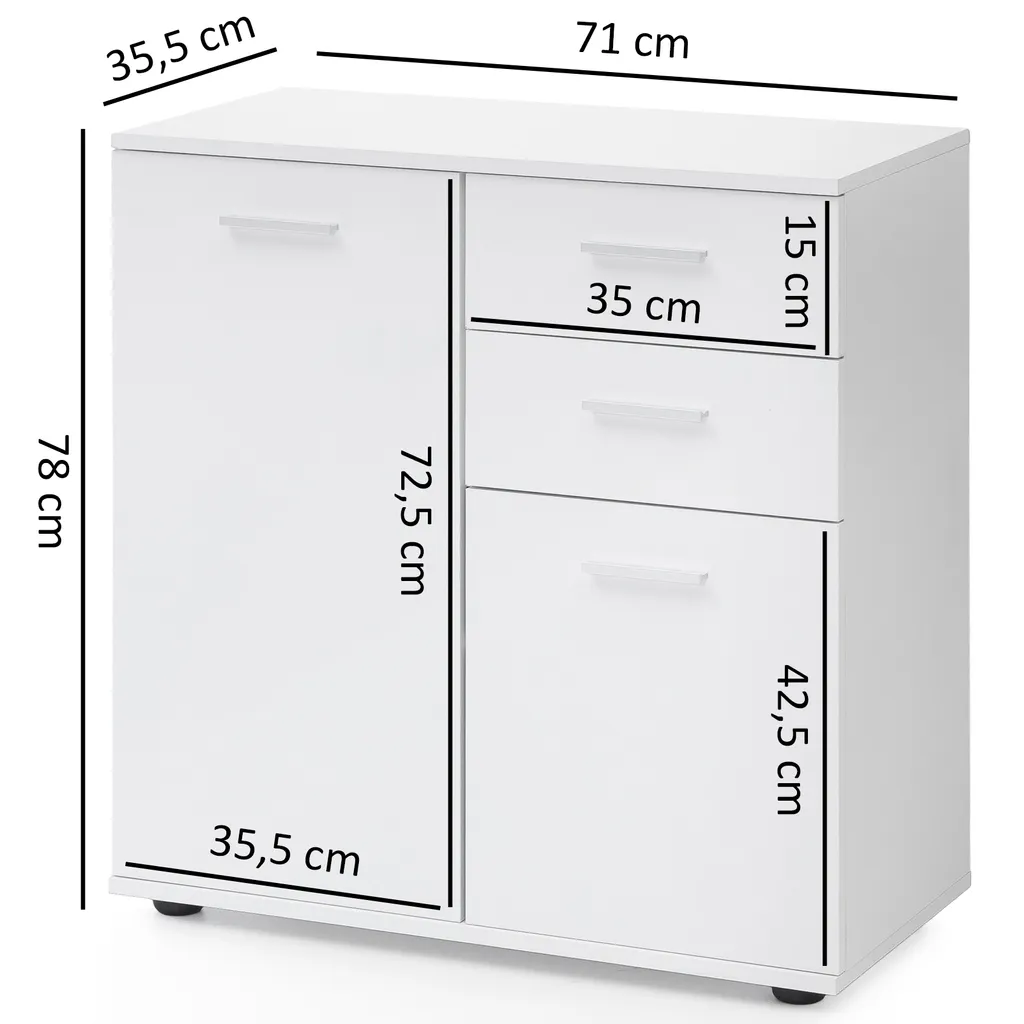 Commode FineBuy blanche 71x78x35,5 cm avec tiroirs et portes en bois mat